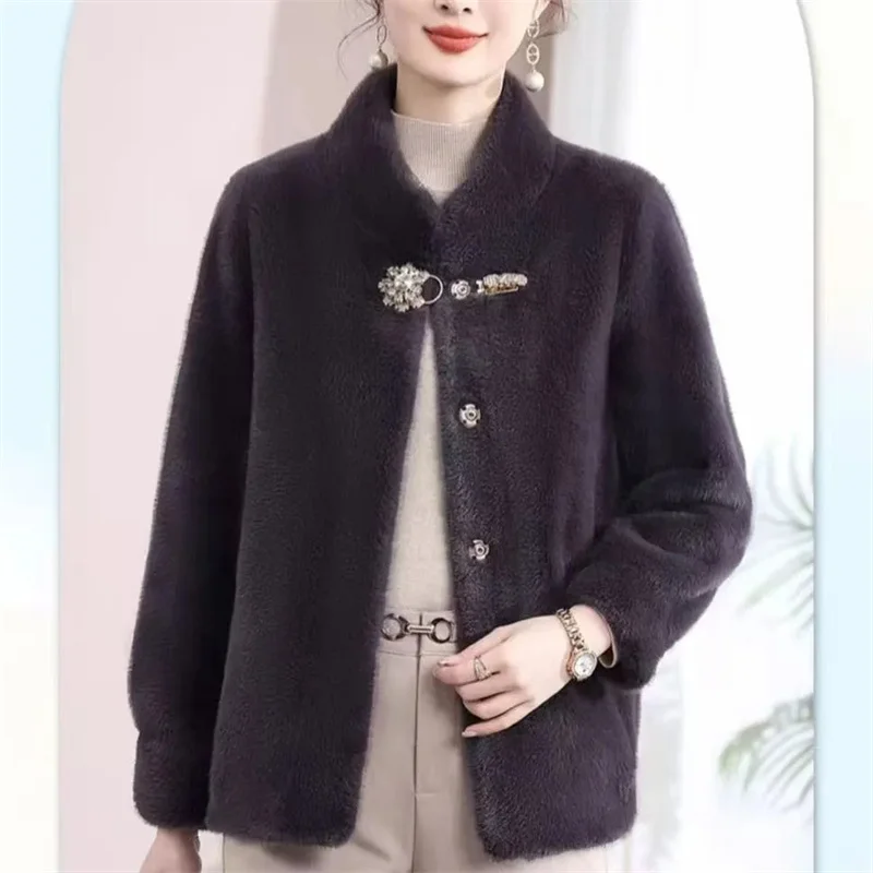 Jaqueta de pele feminina 2025 inverno novo casaco tipo vison engrossado gola alta outwear curto vison veludo casaco senhoras moda topos