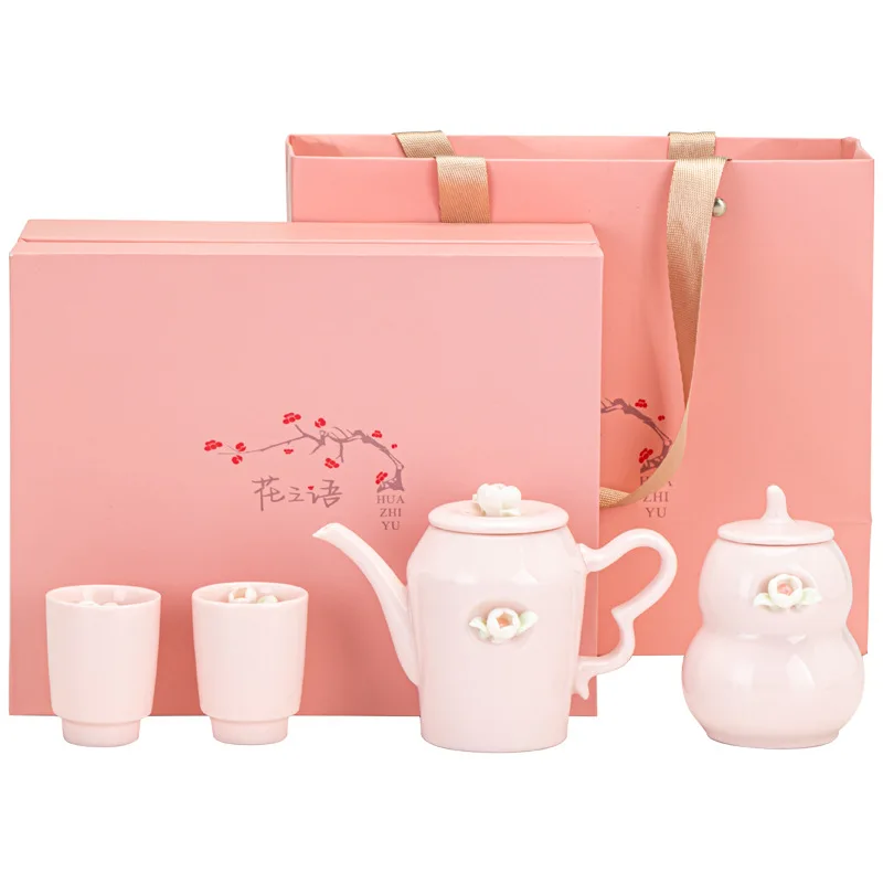 

Pink ceramic tea set, hand-squeezed flower tea set, teacup for girlfriend, master cup, tea cup