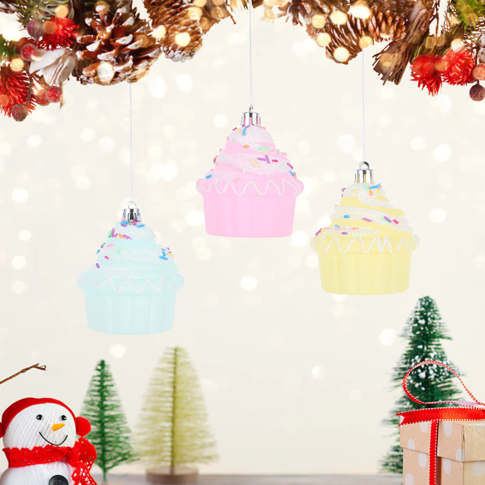 

3Pcs Artificial Cupcakes Realistic Mini Cake Decor for Christmas Tree Xmas Hanging Ornament Party Favor Sweet Display