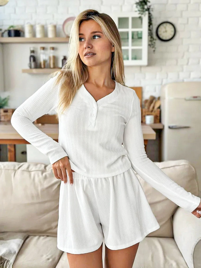 Marthaqiqi White Ladies Sleepwear Suit Sexy V-Neck Pajamas Crop Top Nightie Long Sleeve Nightgowns Shorts Female Nightwear Sets