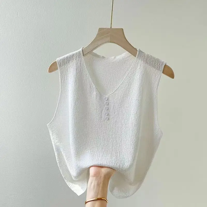 여름 패션의 여성용 아이스 실크 조끼 브이넥 버튼 서스펜더와 배와 민소매 탑을 덮는 다용도 배