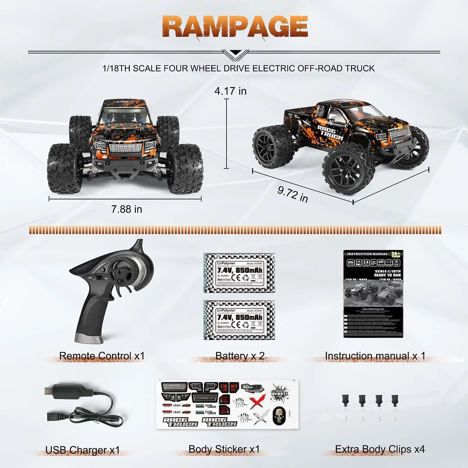 HAIBOXING Remote Controlled Car 4WD RC Car 36 km/h High Speed 1/18 Monster Truck 2.4GHz All Terrain Waterproof Racing Car off-ro