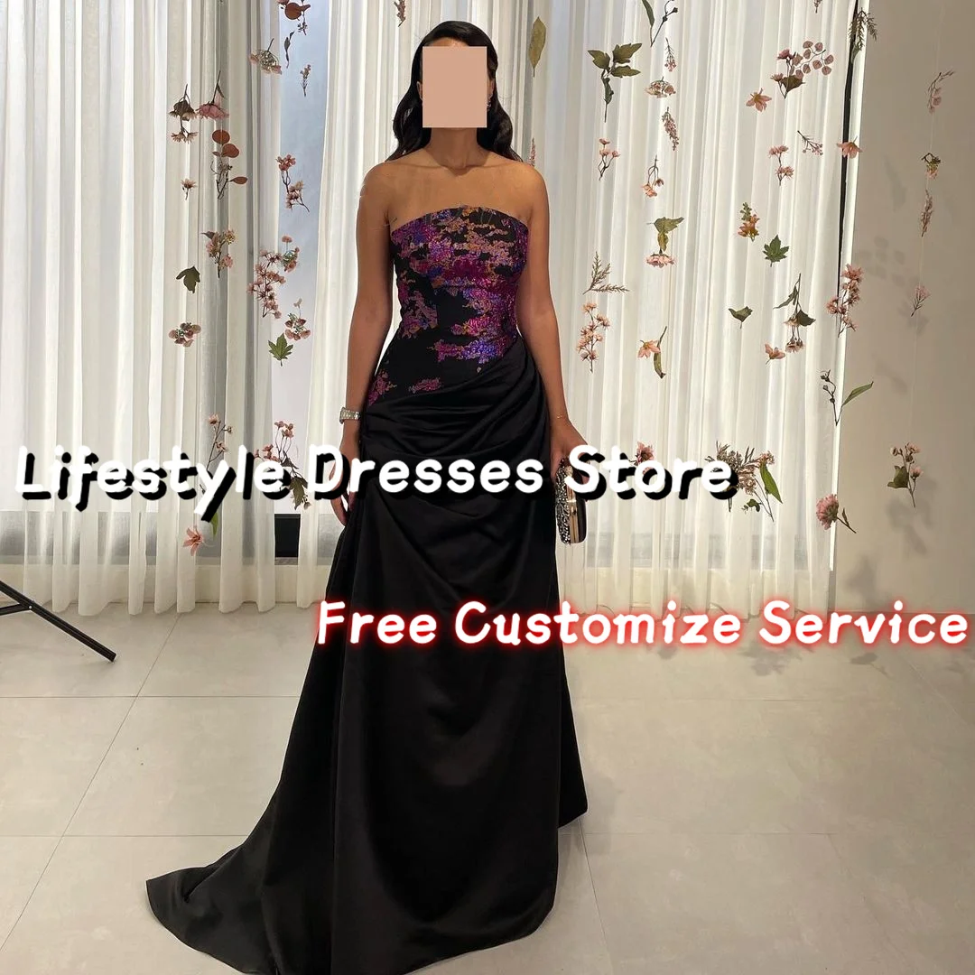 Customized Strapless Purple Printing Prom Dresses Long Satin Black Evening Dress Floor-Length Party Dress For Formal Occasion