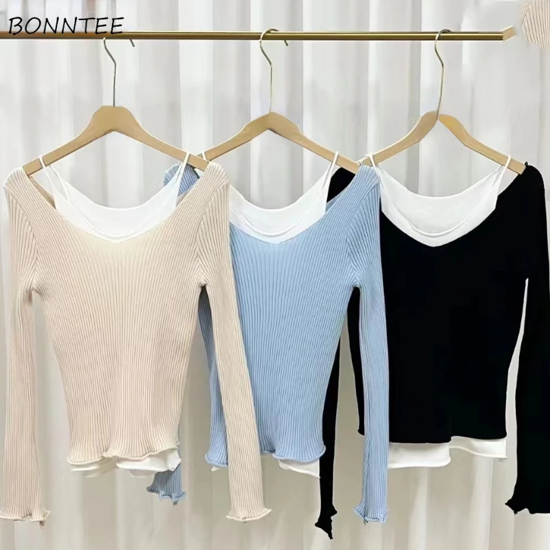 Fake 2 Pcs Sweater Pullovers Women Trendy Spliced Knit Autumn Winter New Design Tops Gentle Ulzzang Female Casual Simple Basic