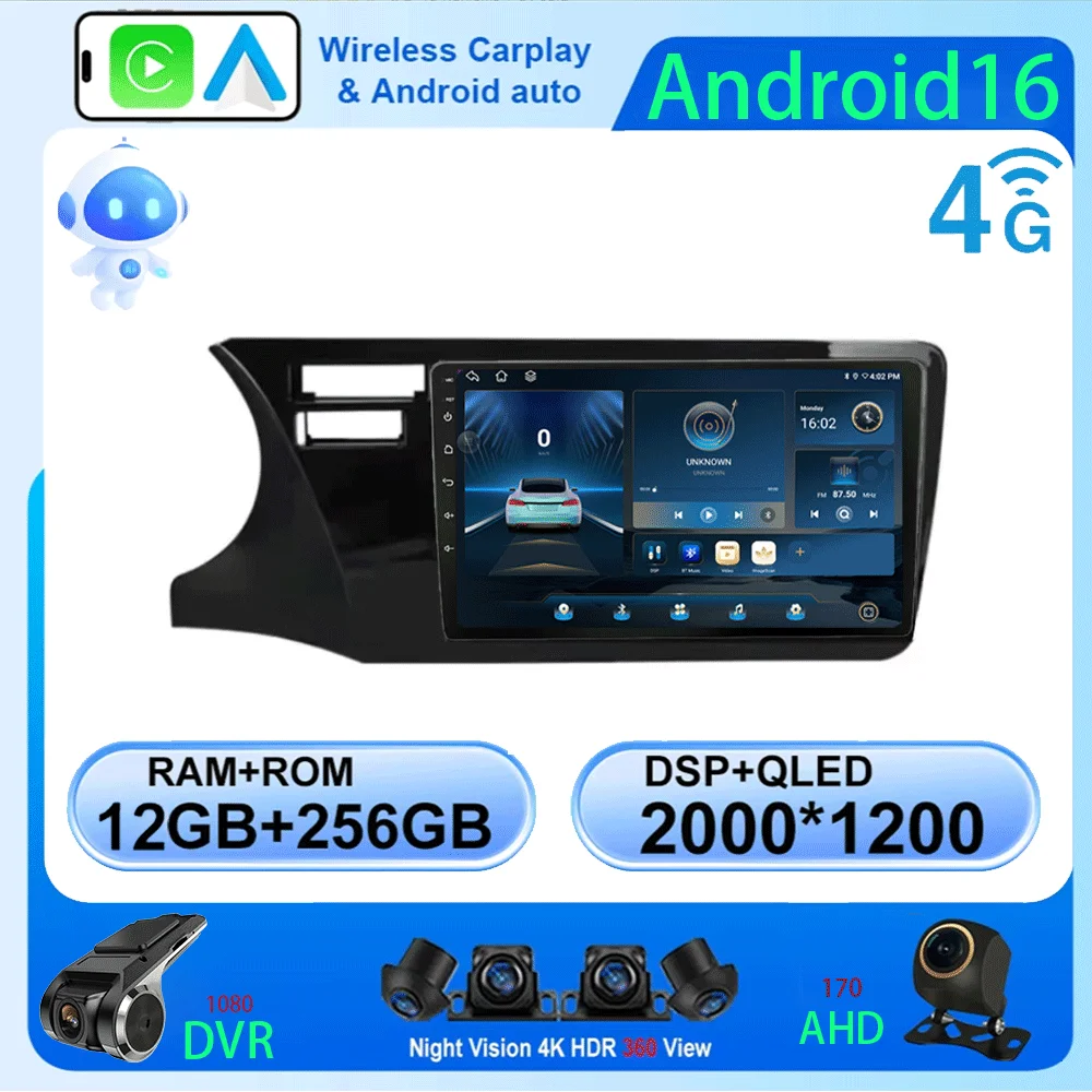 Radio para Auto Android 16 para Honda City 2014 2015 2016 2017 2018 2019, Qualcomm, GPS, Navegador, Pantalla QLED, Reproductor de Auto, WIFI, BT, 4G, Unidad Principal