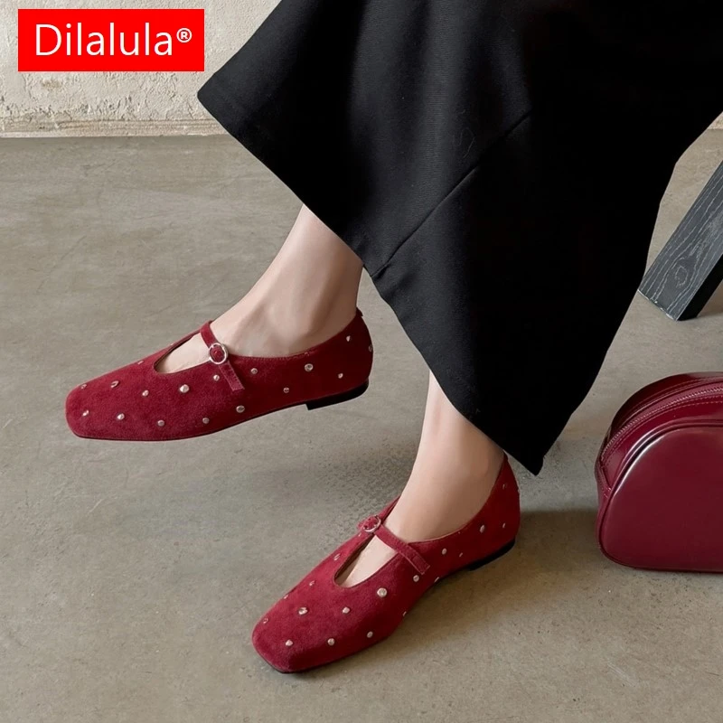 Dilalula 2027 New Real Leather women's Mary Janes Shoes Young Lady Square Toe Low Heel Rivet Pumps Female Casual Shoes Wine Red