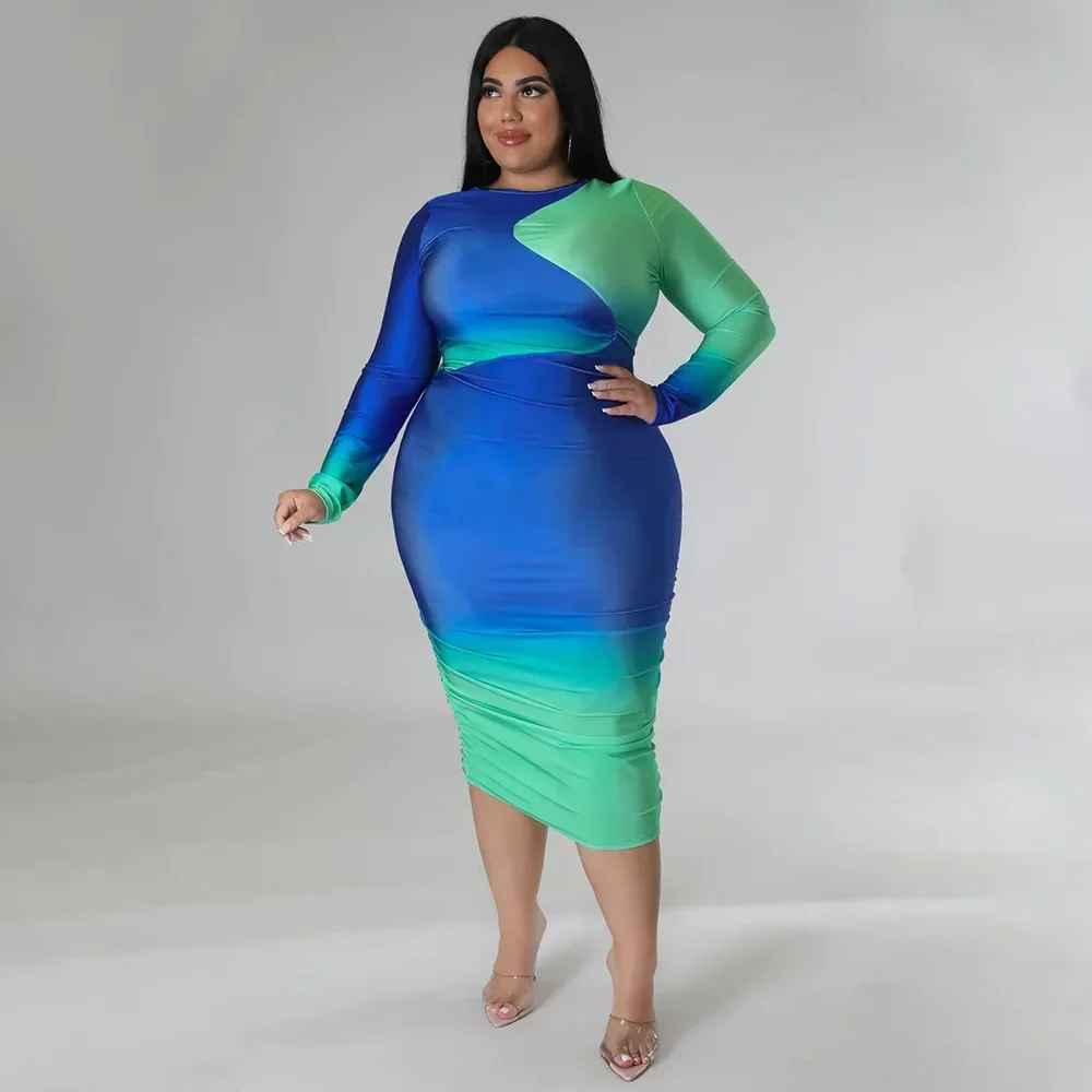 KEXU Stampa sfumata Elegante Plus Size Donna O-Collo Manica lunga Aderente Vestito dalla fasciatura 2024 Primavera Skinny Abiti da festa Abiti