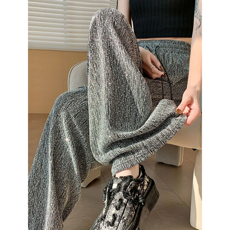 New Ice silk Wide-Leg Pants Women Spring Summer Loose High-Waisted Slim Straight Elastic Waist Soft Fashionable Casual Pants