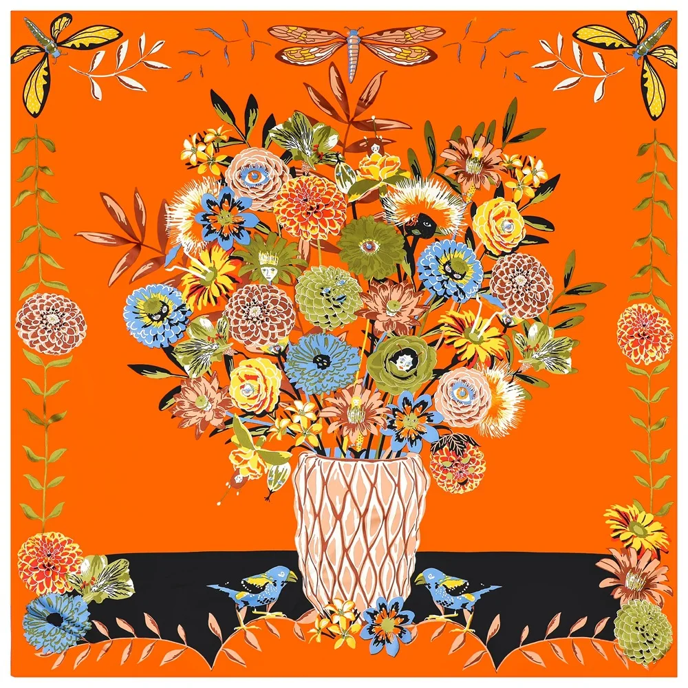 

130cm new fashion bottle flower dragonfly print twill shawl large square silk scarf Headband Bandana Wraps