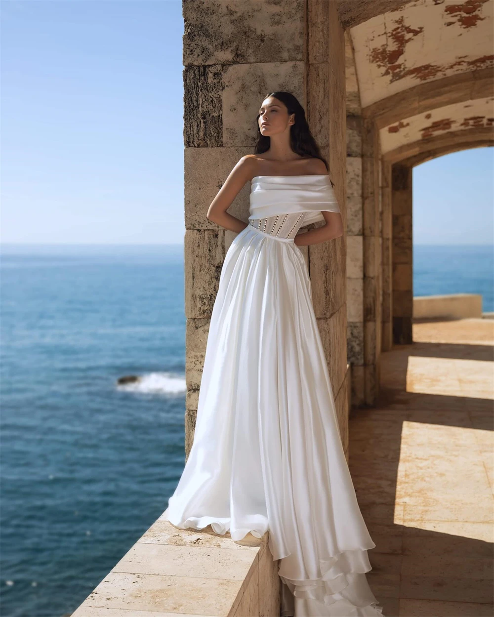 

Customized Fashion White Jersey Wedding Dresses for Woman Court Train Bridal Gowns Off the Shoulder Pearls Robe de soirée