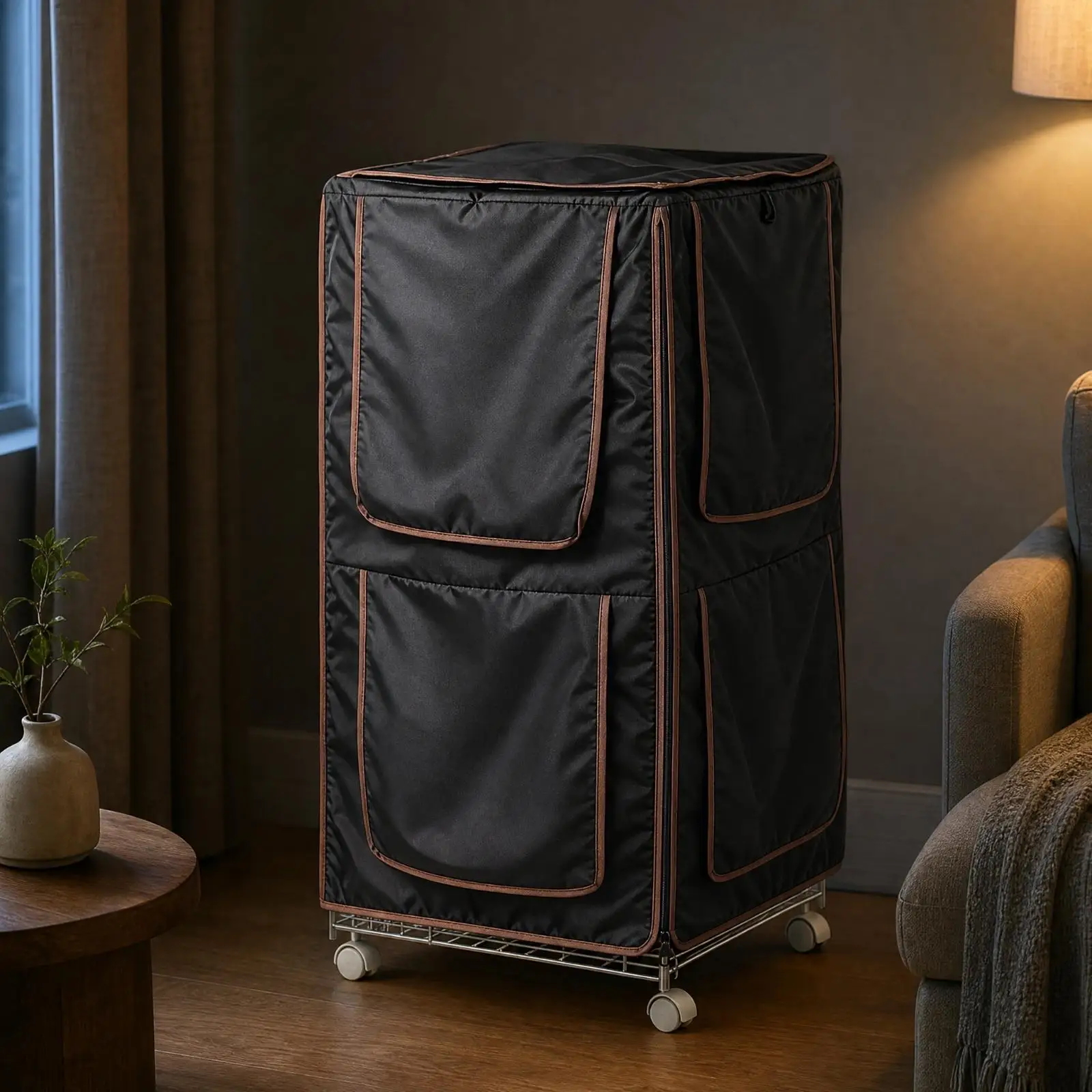 Bird Cage Cover for Large Parrot Cage with Flaps Black Polyester Brown Trim Light Blocking Draft Proof for Nighttime Sleep Cover