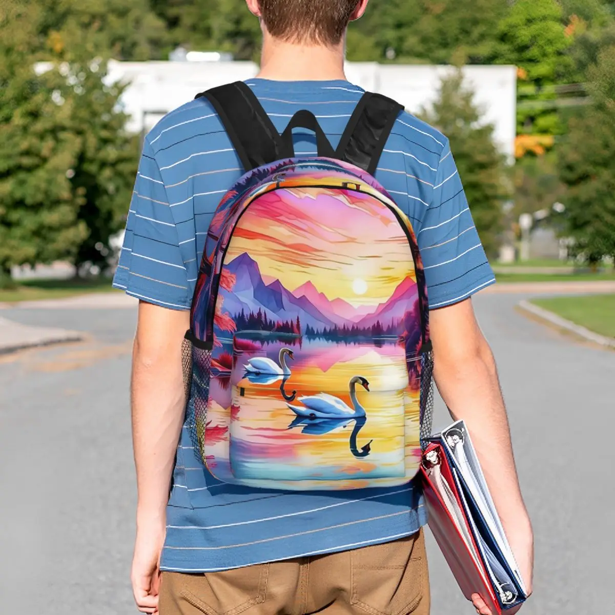 Two Swan With Sunset In Pond Backpack Student BookBag Children School Bag Laptop Shoulder Bags for Boys Girls
