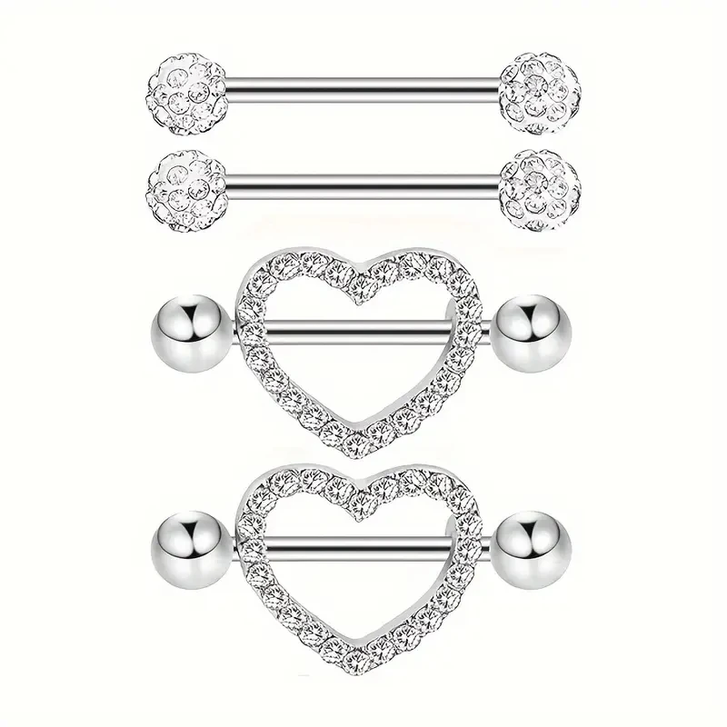 2 أزواج 14 جرام الفولاذ المقاوم للصدأ الحديد حلقات للحلمات من الفولاذ مع الراين المبهر بلينغ نمط الحلمة ترصيع اللسان ثقب المجوهرات