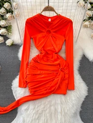 Foamlina Spring Fashion Sexy Girls Long Sleeve Tight Waist Slimming Short Mesh Base Dress Women Trendy Orange Bottom Dresses