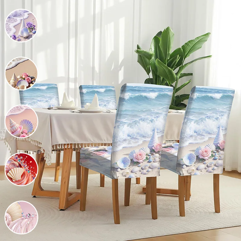 High-elastic printed dining chair cover, seaside dream shell pattern, suitable for home dining tables and chairs