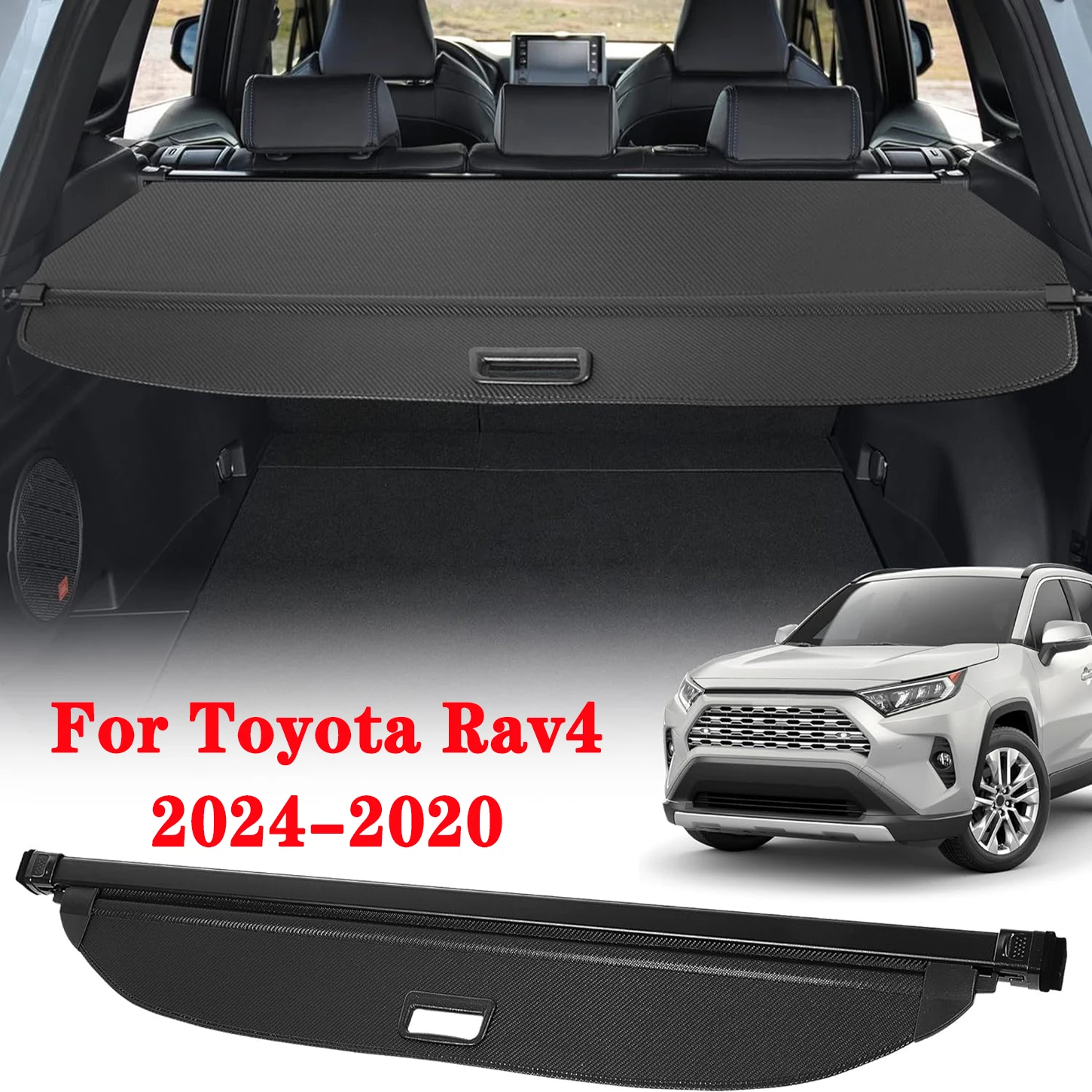 Cargo Cover for Toyota RAV4 2024-2020, Retractable Rear Trunk Security Cover Shielding Shade Black Carbon Fiber Texture