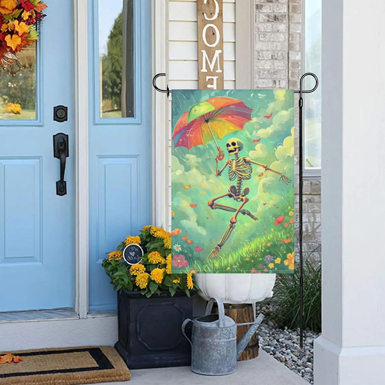 Funny Skeleton with Umbrella Floral Garden Flag 12x18 Inch Skull Double Sided Flags for Outside Farmhouse Yard Outdoor Decor uui