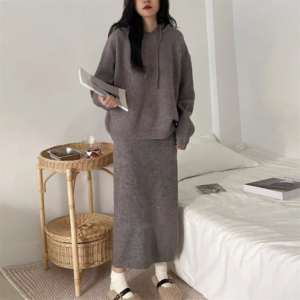 Women Skirt Sets Two Piece Set Knit Hooded Sweaters Pullover Thick Slim Fit High Waist Long Skirts Elegant Lady Winter