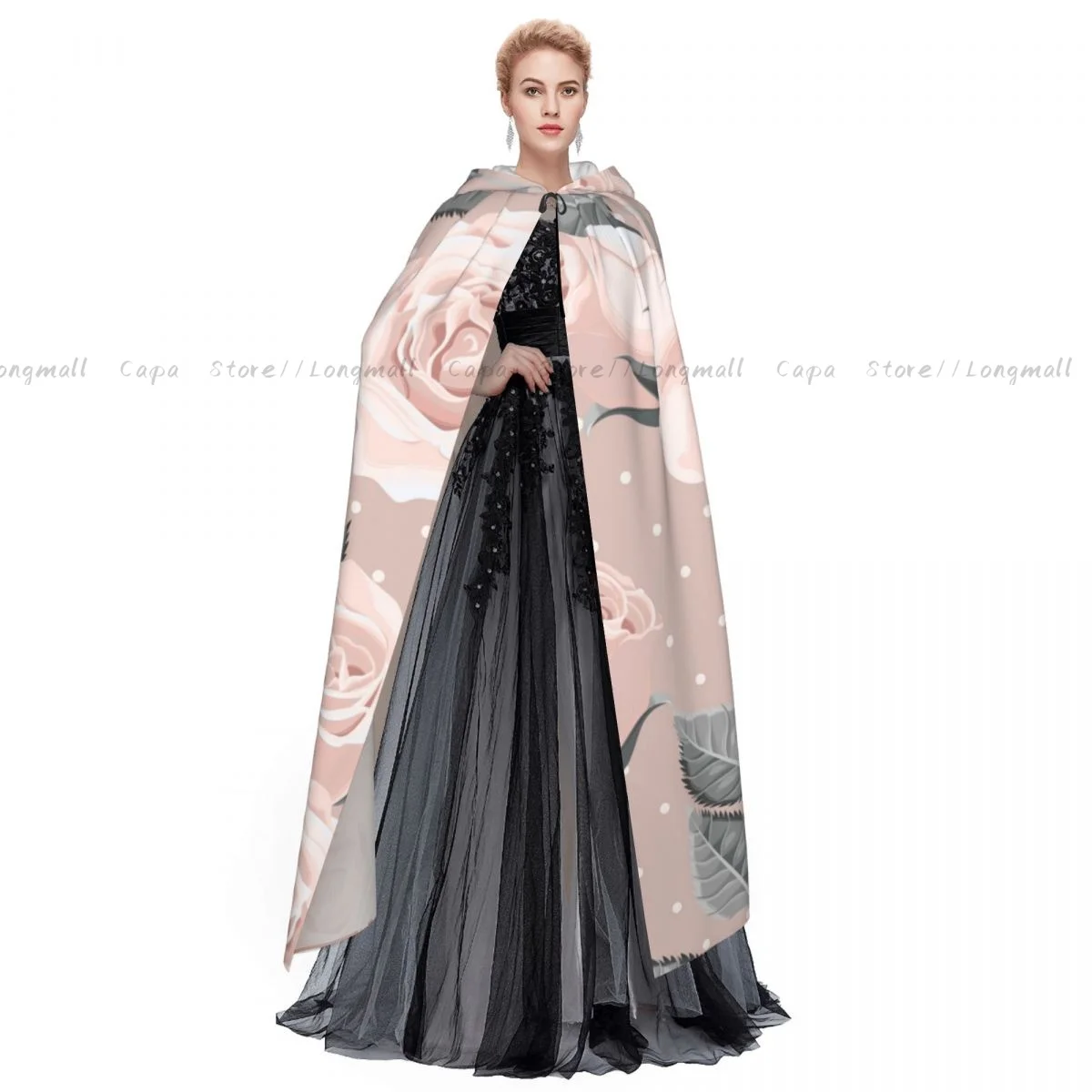 Adult Vampire Cape Hooded Robe Vintage Roses And Leaves Halloween Cloak Full Length Cosplay