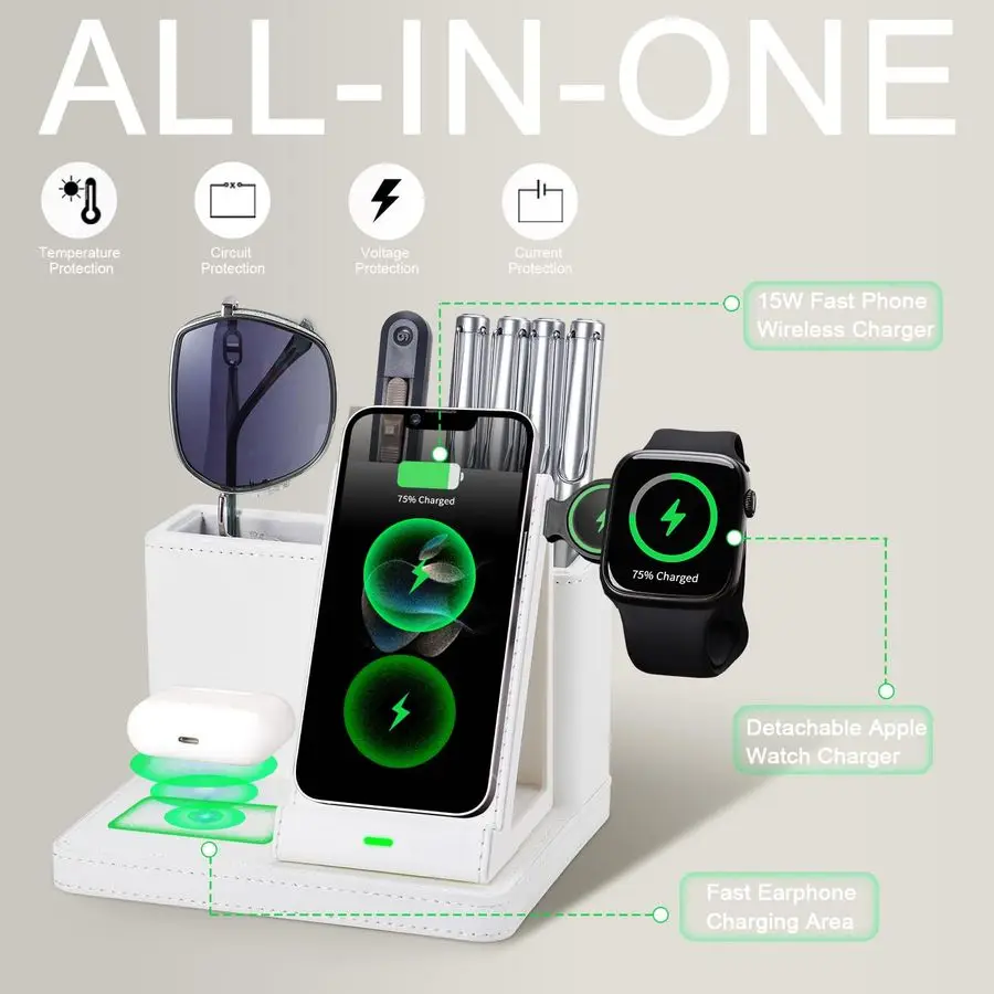 

Настольные аксессуары Держатель для ручек с беспроводным зарядным устройством 3 в 1 для телефона, наушников, часов Многофункциональная настольная подставка для телефона для офиса