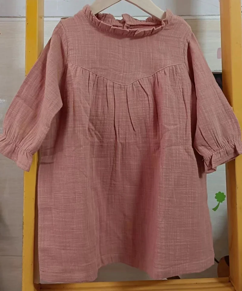 Muslin Girl Dress Full Sleeve Solid Cotton Children Dress Loose Dresses for Kids