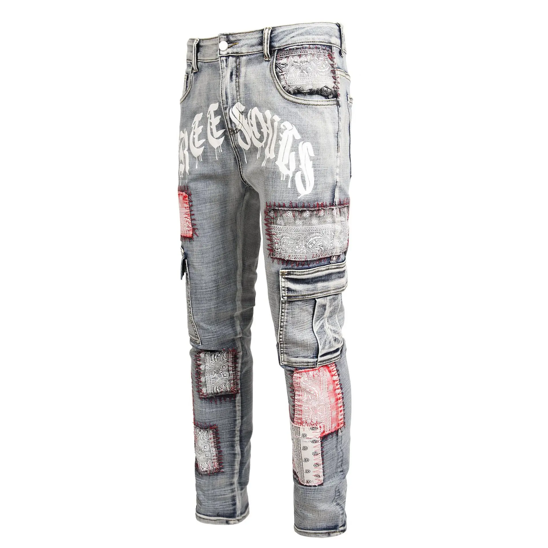 Men's Fashion High Street Hip Hop Jeans Pants With Patchwork Streetwear Printed Punk Style Denim Trousers Stretchy Bottoms