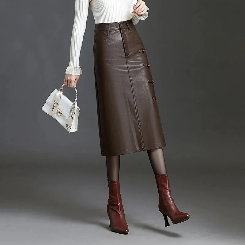 Autumn Winter PU Leather Skirt 2025 New Coil Buckle Women's Clothes Sheath Dress Solid Color Fashion Female Straight Split Skirt
