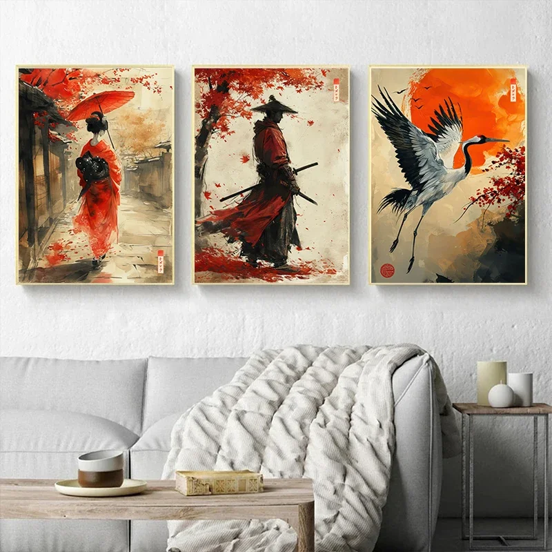 Sumie Japanese Ink Paint Geisha Samurai Landscape Prints Poster Canvas Painting Modern Wall Art Picture Living Room Home Decor