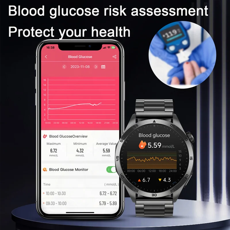 Relógio inteligente de glicose sanguínea para homens, Relógios ECG, Lipídios sanguíneos, Ácido úrico, Chamada Bluetooth, Smartwatch de saúde,