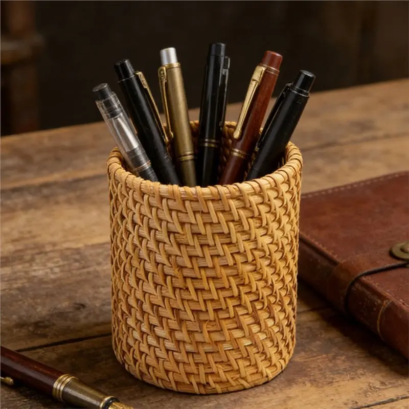 Handmade Pen Organizer Bucket Rattan Pencil Holder 2 Pack For Desk Boho Style Aesthetic Pen Cup Holder Accessories