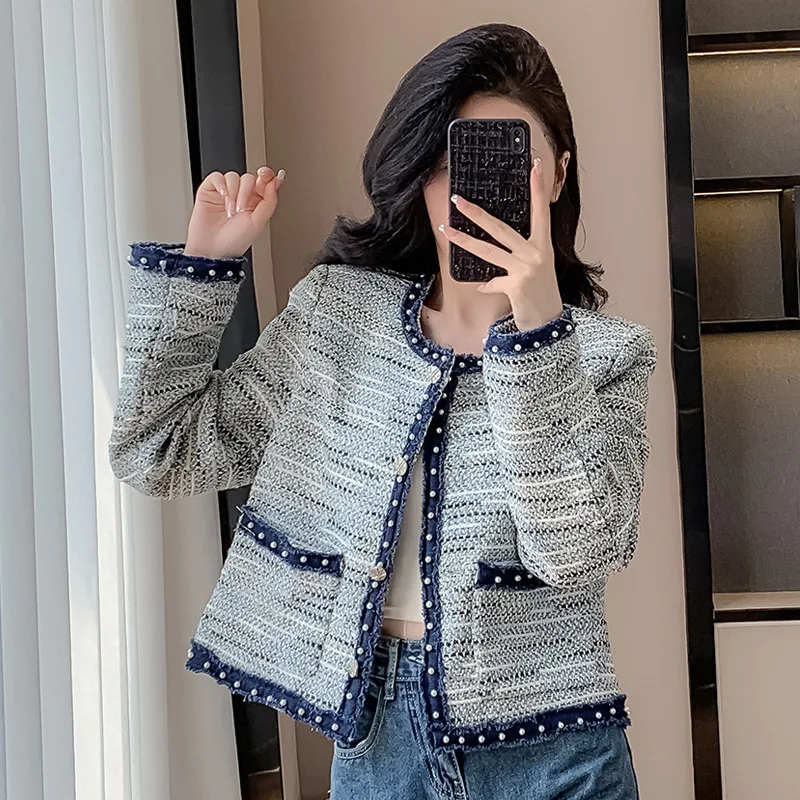 Grey women's coarse tweed round neck jacket 2025 new spring and autumn small fragrance woven belt temperament top