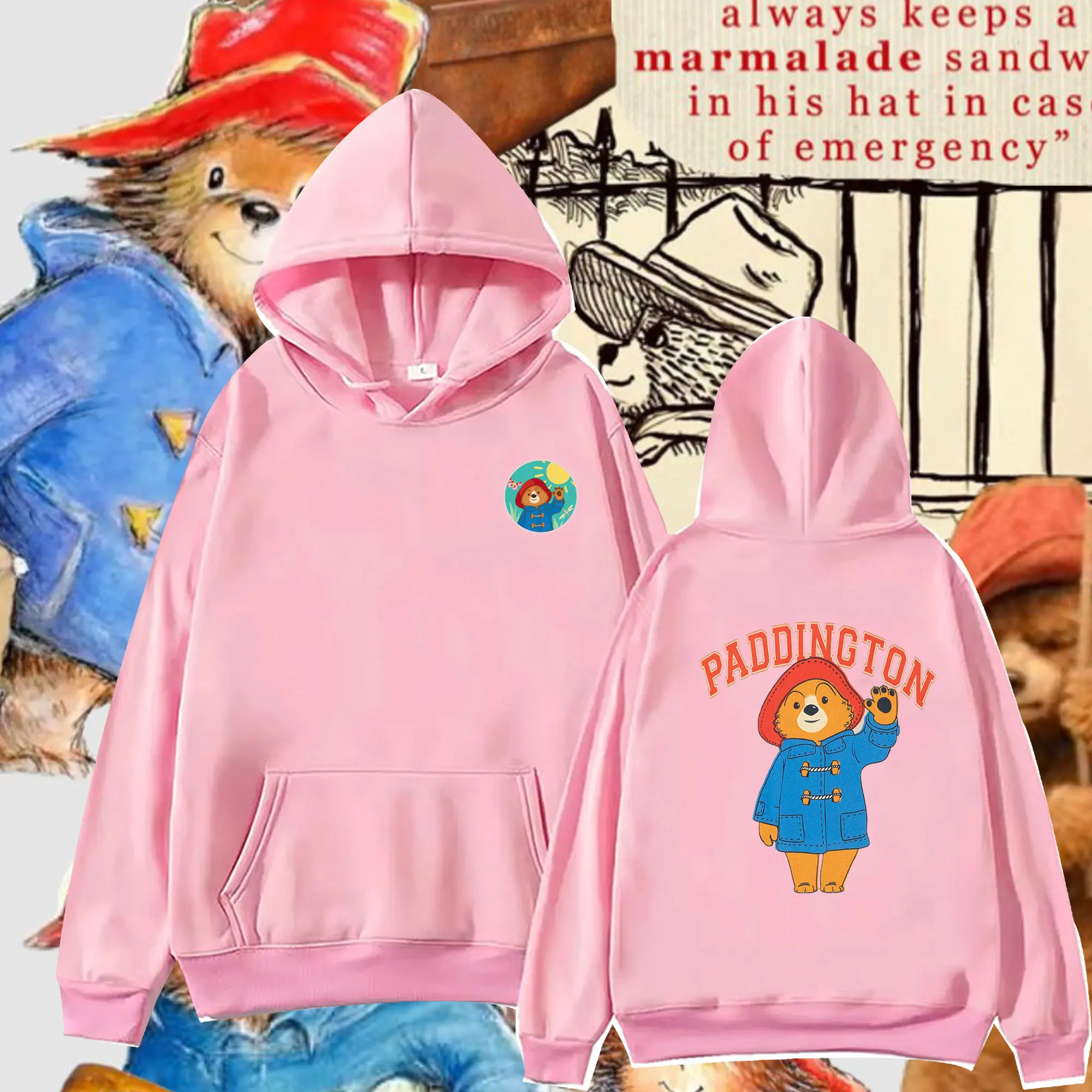 New Men Women  Hoodies Paddington Bear in London Double-sided Print Cartoon Pattern Hoodie Graphic Loose Pullover Sweatshirt