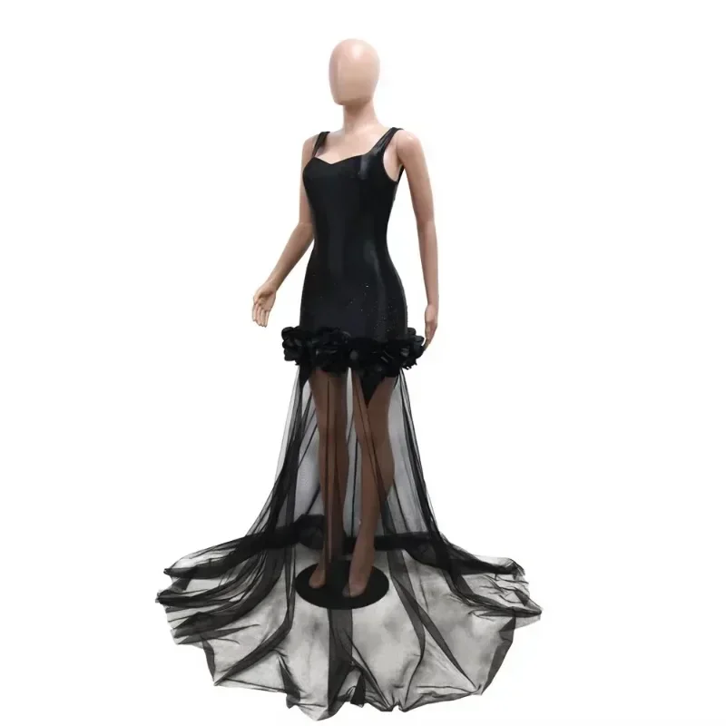 Diamonds 3D Flower Mesh See Through Women Sleeveless Bodycon Long Dress Birthday Party Evening Prom Maxi Mermaid Dresses