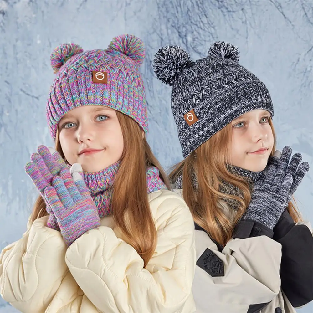 Fashion Winter Kids Hat Gloves Scarf Set Warm Knit Beanie Hat with Pom Thickened Neck Warmer