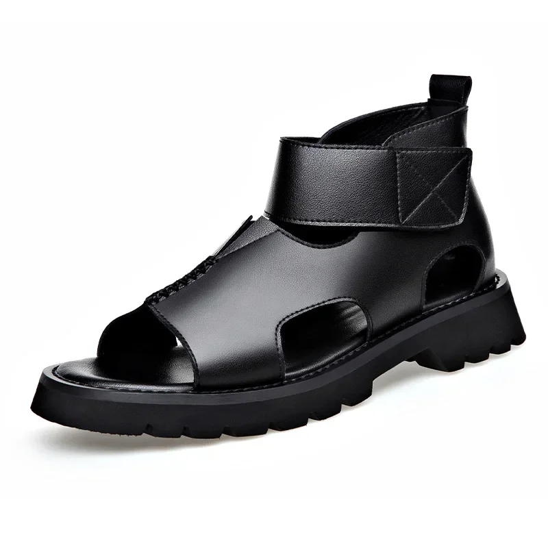 

Cow Leather Sandals for Men 2025 Summer New Designer Big Size Increase Roman Beach Shoes Male Fashion Casual Black Sandals Man