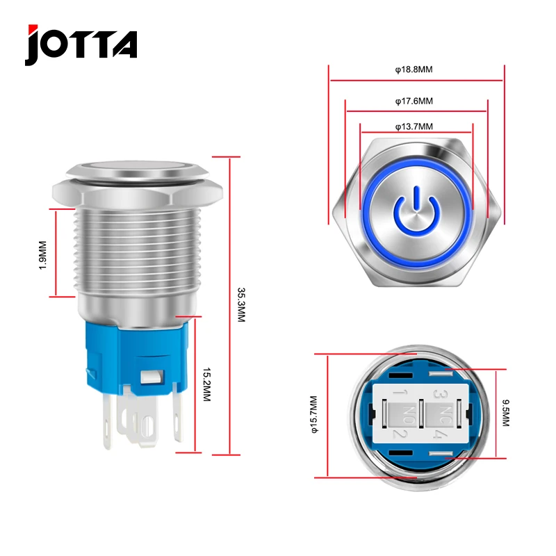16mm Metal Push Button Switch Ring Lamp Power Symbol Buttons Waterproof Flat Head LED Light Self-lock Self-reset 1NO1NC