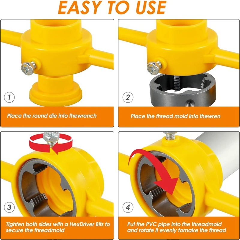 6 PCS PVC Thread Maker Tool, Round Die For PVC Yellow With 1/2 Inch 3/4 Inch 1 Inch Dies Reusable PVC Pipe Threader Plumbing