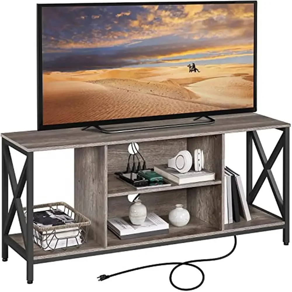 

Industrial TV Console Table with Side Shelves PS Storage 65 Inch TV Media Entertainment Center Built-in Power Outlet 110 lb