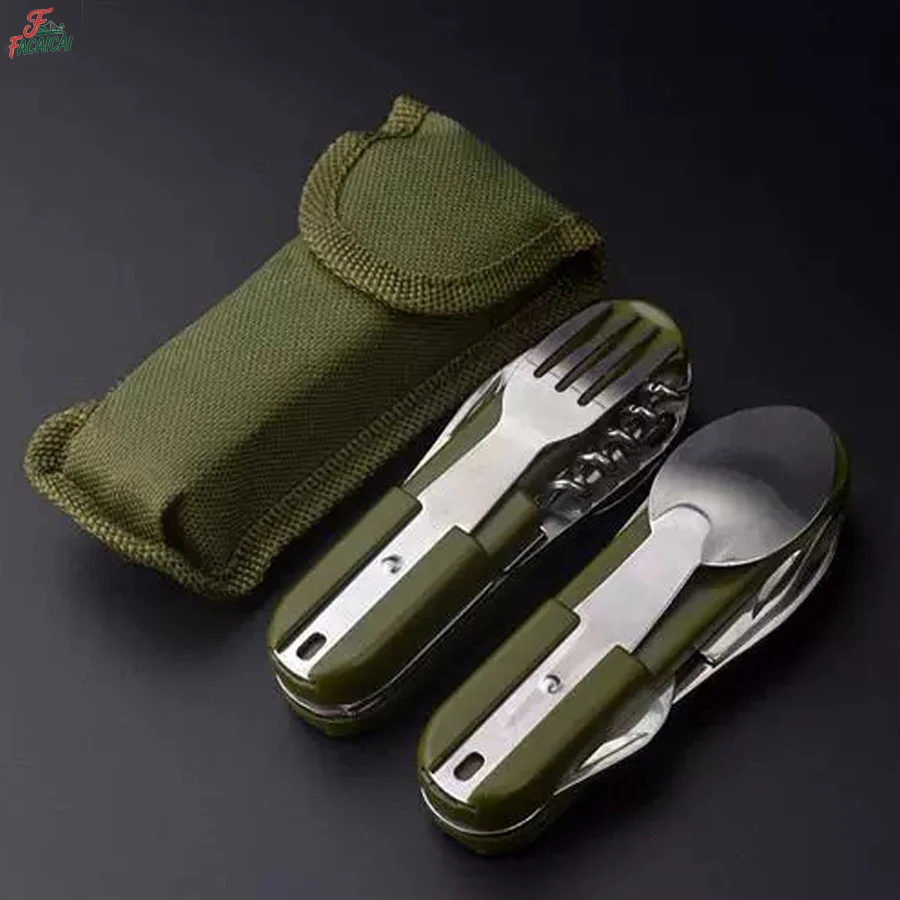 

Camping Gear Portable Portable 5-in-1 Stainless Steel Travel Set, Multifunctional Folding Outdoor Utensils