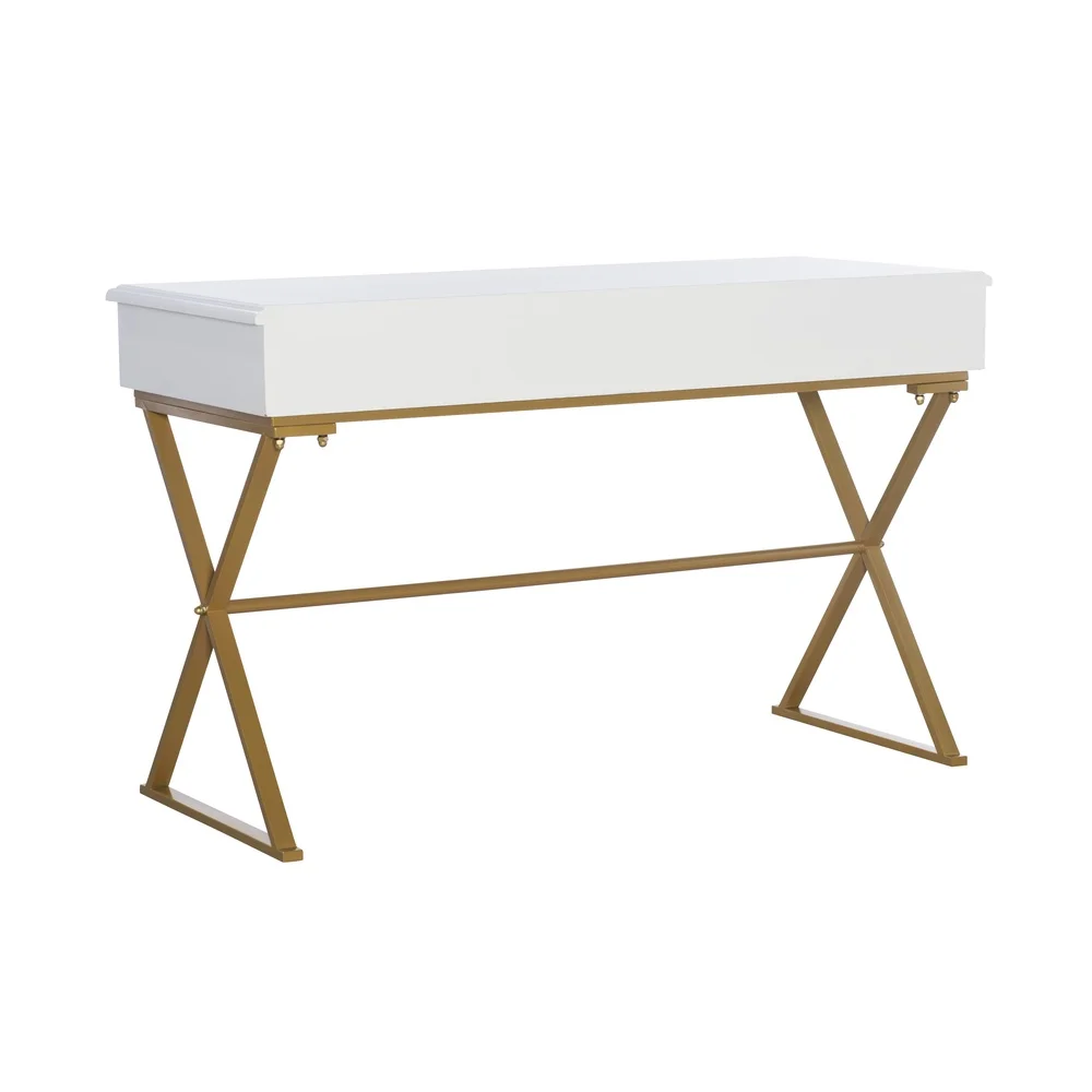 Modern Two-Drawer Campaign Desk Metal Frame with Brass Finish Stylish Writing Desk Perfect Home Office