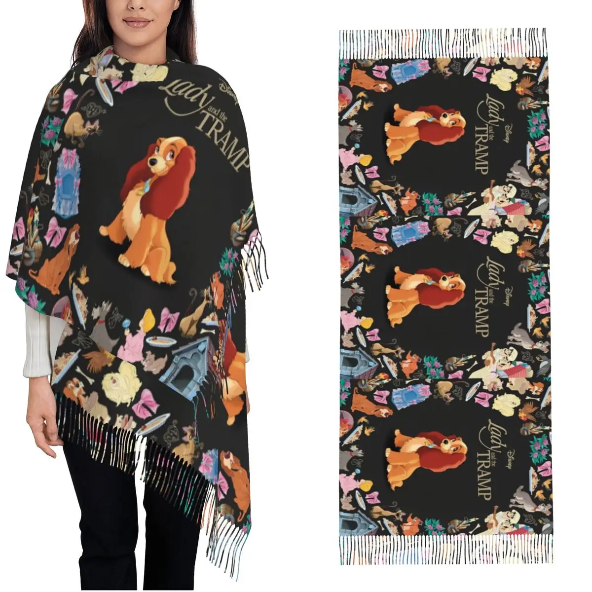 Women's Scarf with Tassel Lady And The Tramp Large Winter Fall Shawl Wrap Cocker Spaniel Stray Dog Daily Wear Cashmere Scarf