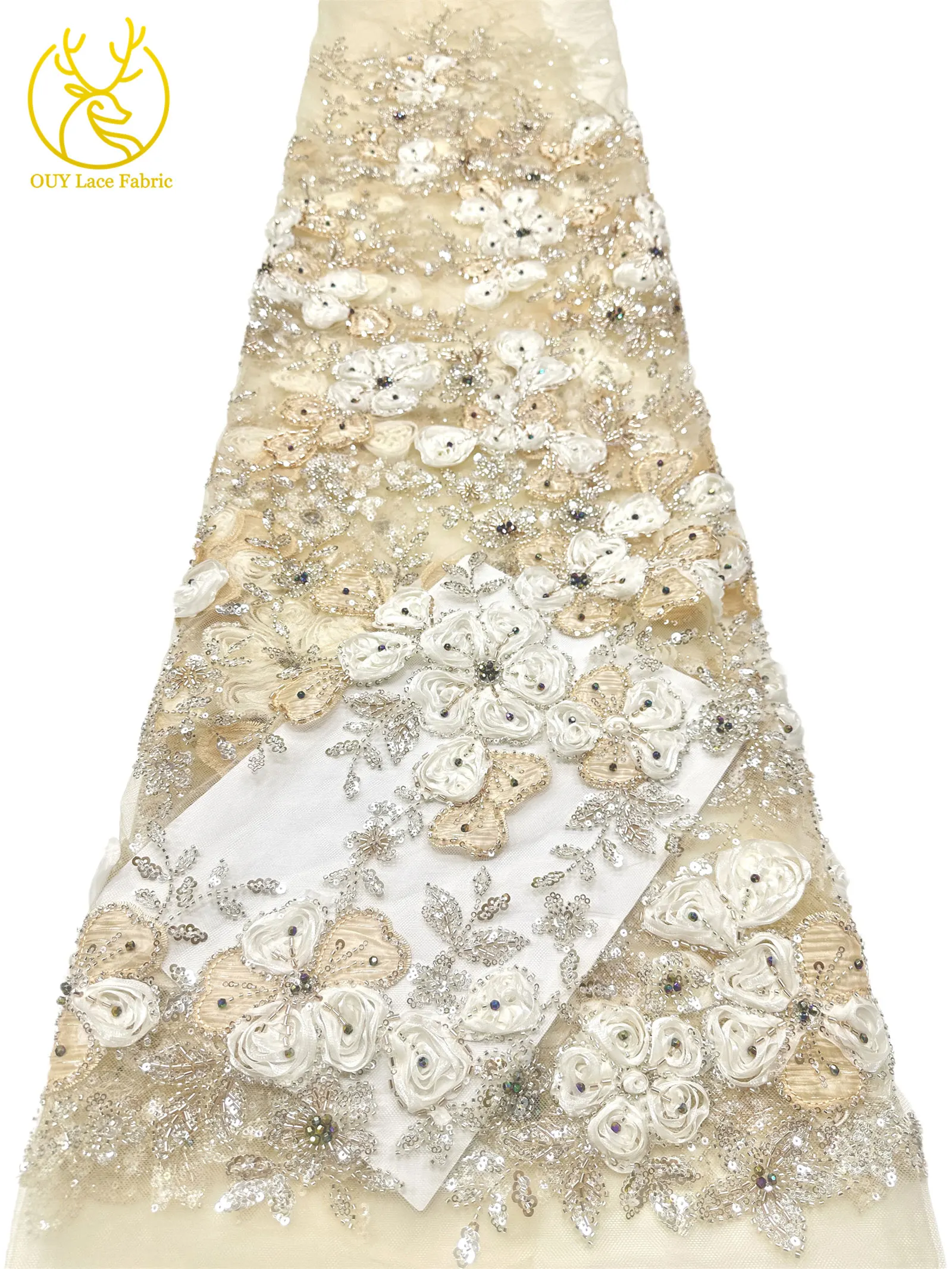 Neueste Mode 3D-Spitzenstoff Afrikanischer Pailletten-Perlen-Brautspitzenstoff Nigerianischer Perlen-Stickerei-Tüll-Mesh-Kleiderstoff – Detail 12