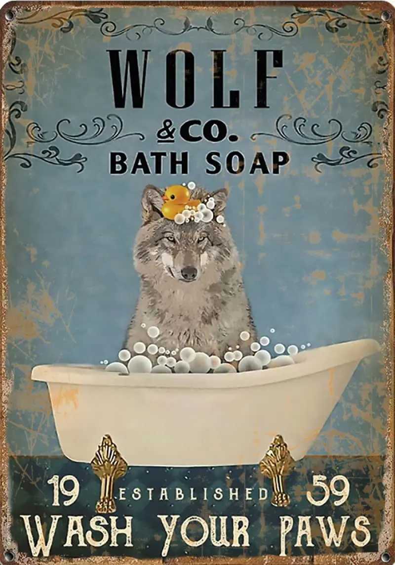 Graman Wolf and Bath Soap, Wash Your Paws tin Sign, Love Wolf tin Sign, Wolf Lovers, Bathroom Decor Vertical tin Sign d,Coffee b