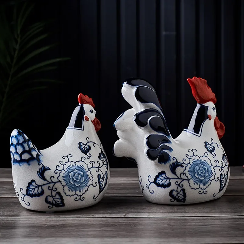 Chinese Vintage Ceramic Craft Ornament Chicken Rooster Animal Sculpture Porcelain Decorative Figurines Home Accessories
