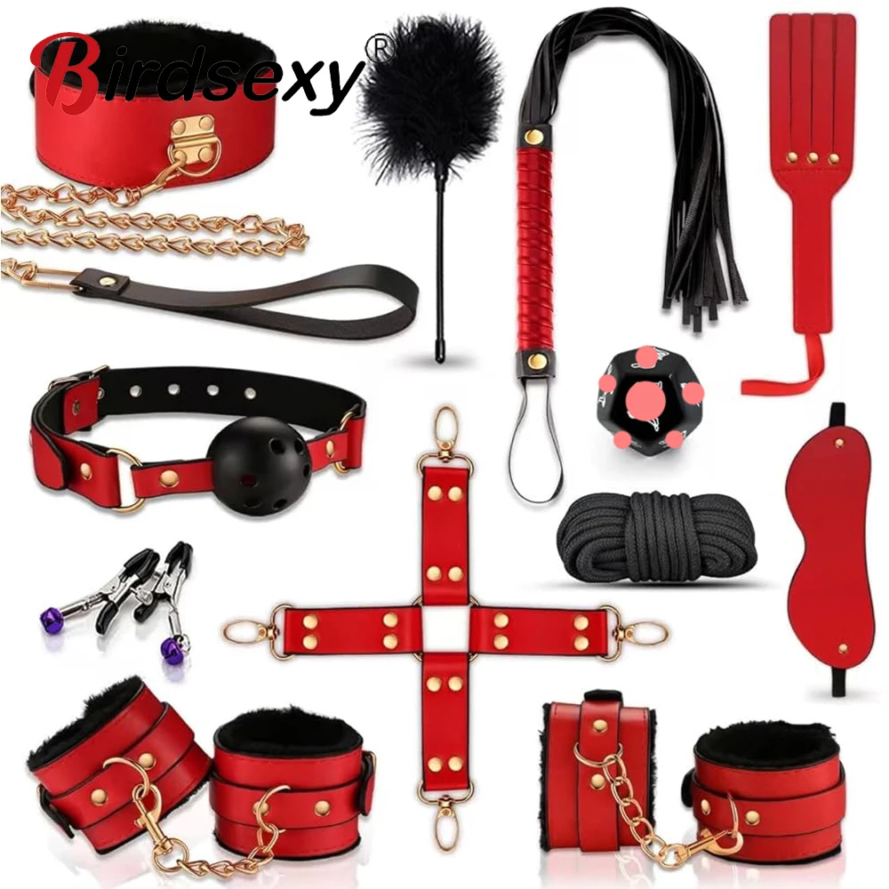 Erotic Bed Bondage Kits Slave Restraint Bondage Set Genuine leather Collar Mouth Gag Whips Handcuffs Adult Sex Toys For Couples