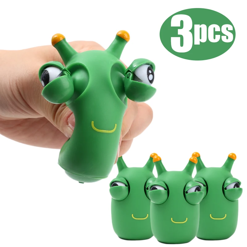 1/3Pcs Funny Grass Worm Pinch Toy Novelty Eye Popping Worm Squeeze Toy Squeeze Green Eye Bouncing Worm Toys 3D Grass Worm Toy