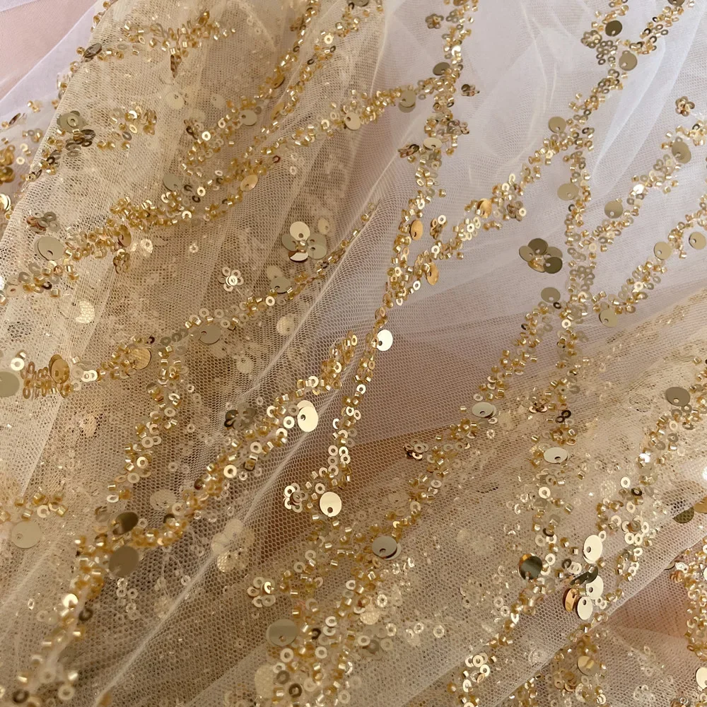 Luxury Beaded Sequin Stripe Wedding Dress, Advanced Custom-Made Sewing Fabric, Golden Red, RS4186