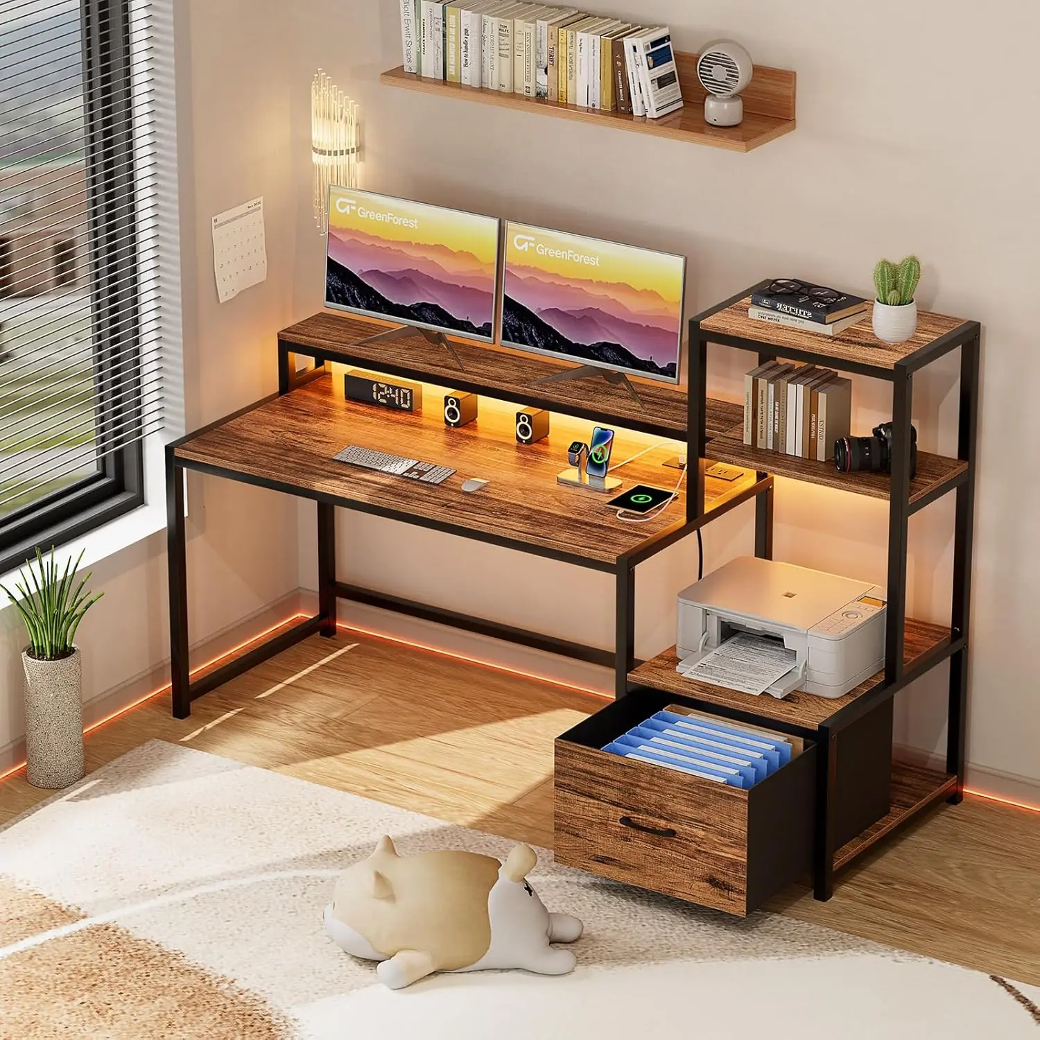 GreenForest Computer Desk with Drawer and Printer Shelf, 68.8 inch Home Office Desk with LED Lights and Power Outlets,