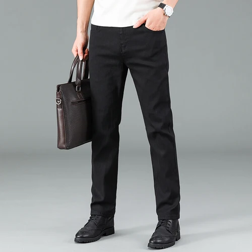Imagen 2 del producto Vaqueros negros puros para hombre, versión coreana, pantalones rectos de moda, pantalones vaqueros de negocios clásicos cómodos y elásticos para hombre