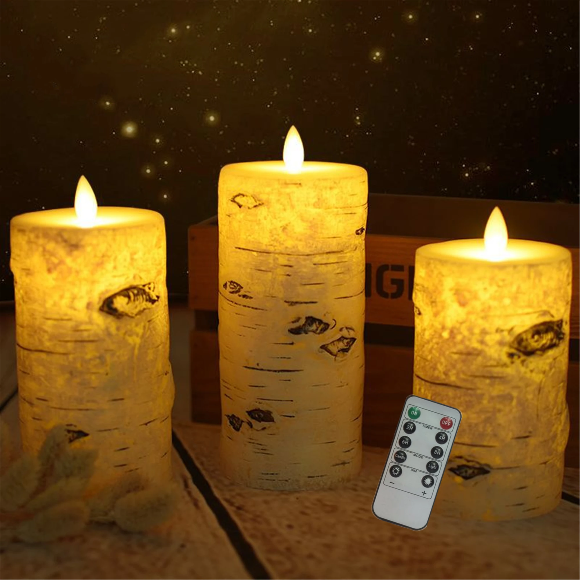 

Set of 3 Birch bark Flameless pillar Candle with diameter 3"-Electric Flickering led candle with romote timer-real wax Led Batte